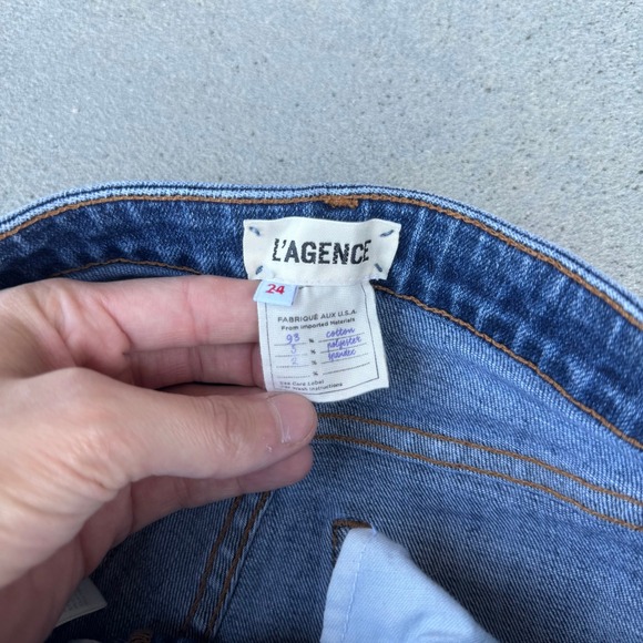 L'AGENCE Women Size 24 Dark Wash Distressed Knee High Rise Straight Leg Jeans - Picture 5 of 8